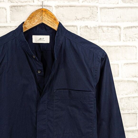 Mr P. Porter Men's Navy Blue Button up Band Collar Shirt 100% Cotton size XS - Picture 3 of 7